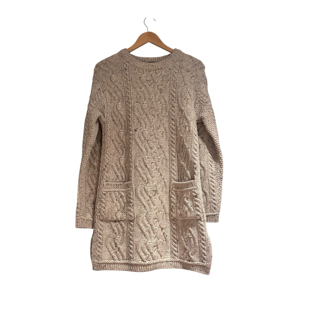 Inis‎ Crafts Irish Cable Knit Merino Wool Sweater Dress Beige Size Medium